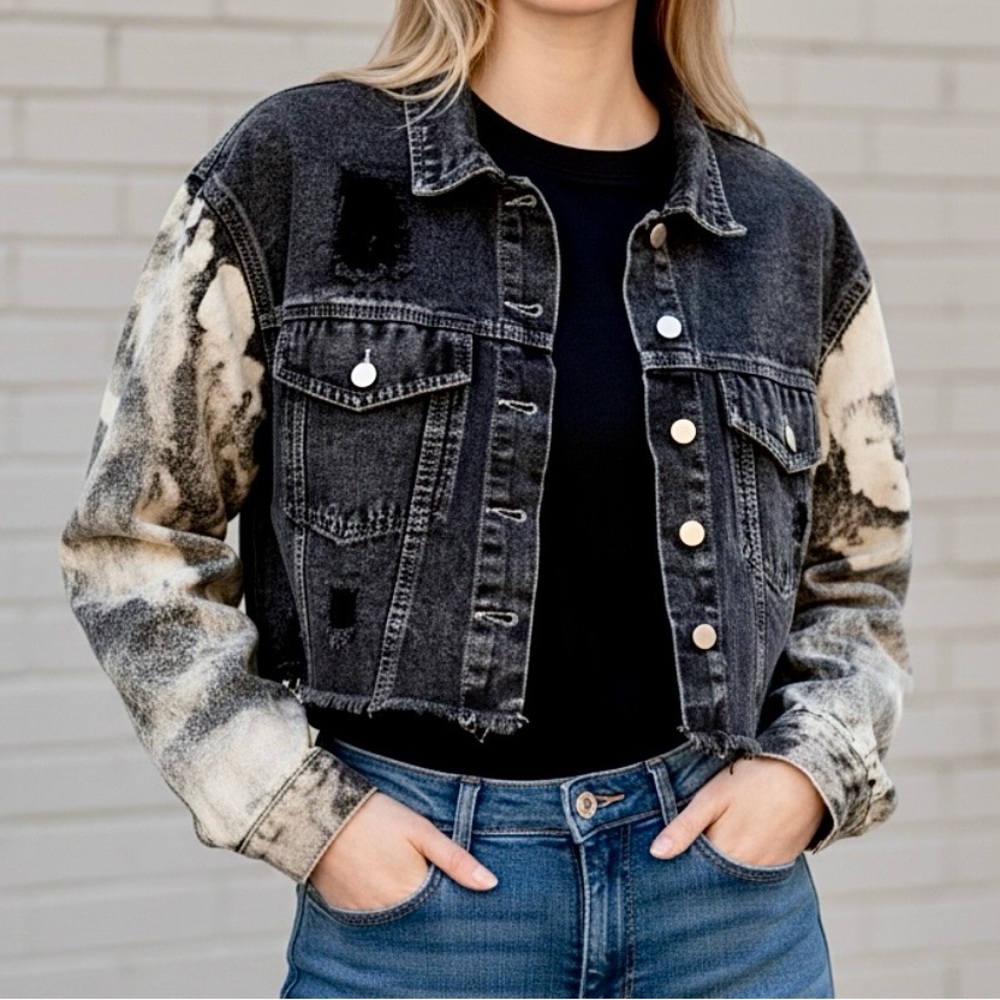 Black Distressed Punk Gray Acid Wash Sleeves Crop Moto Button Up Jacket Size S - Picture 1 of 12